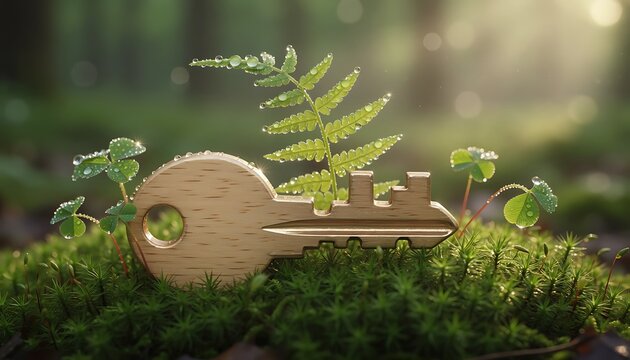 Unlock the secrets of nature with a wooden key nestled in lush green moss and ferns, symbolizing growth and discovery