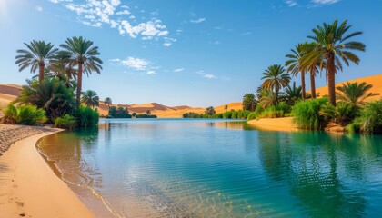 Naklejka premium Cinematic vista of a pristine desert oasis, featuring a glistening lake reflecting the azure sky, embraced by verdant palm trees and sculpted golden sand dunes