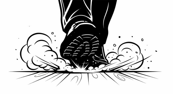 Powerful boot stomping down, kicking up dust and debris with force