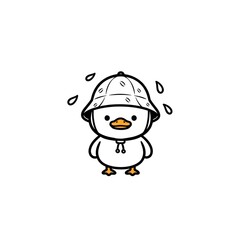 Fototapeta premium Cartoon duck wearing a white bucket hat in the rain