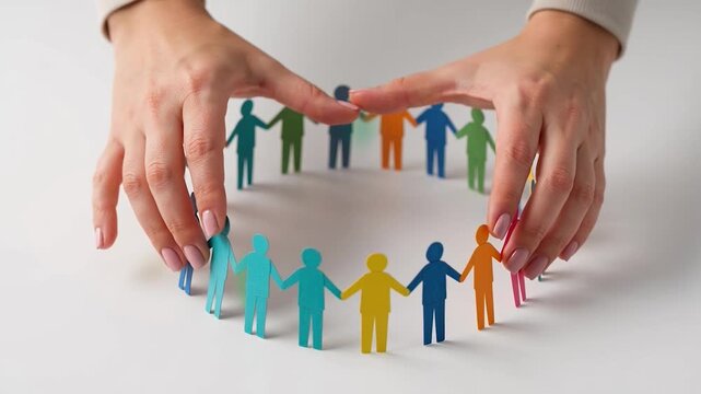 Hands protecting a chain of colorful paper people standing in a circle on white background