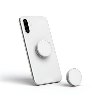 White smartphone with pop socket attachment isolated on transparent background isolated on white background
