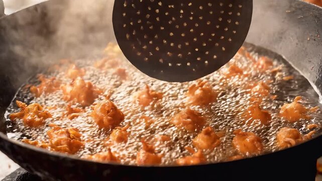 Deep Frying Indian Pakoras in Hot Oil