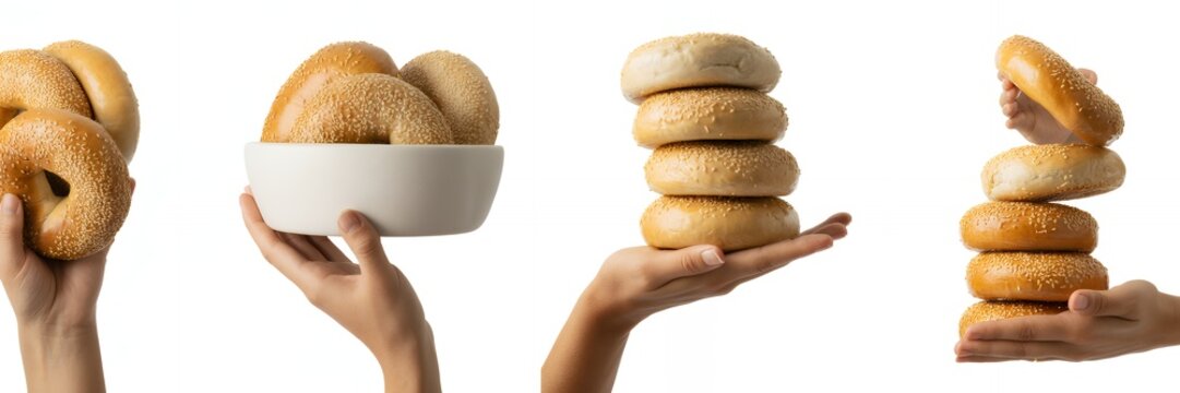 Hands holding and stacking various types of bread bagels buns white background