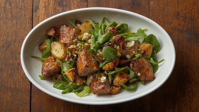 Close-up top view of a plate on the table featuring a gourmet salad with gizzards and fried potatoes