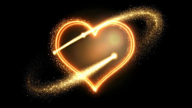 Glowing heart shape with sparkling trails of light and glittering particles, creating a captivating visual effect in a dark setting
