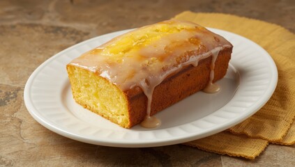 White plate featuring a lemon loaf cake topped with icing against a stone backdrop. Room for text