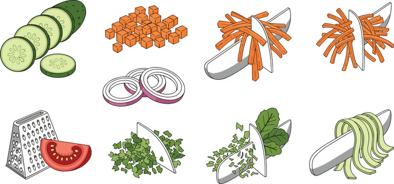 Set of kitchen icons showing food preparation techniques featuring sliced cucumber diced carrots chopped herbs and julienned vegetables in colorful cartoon style.