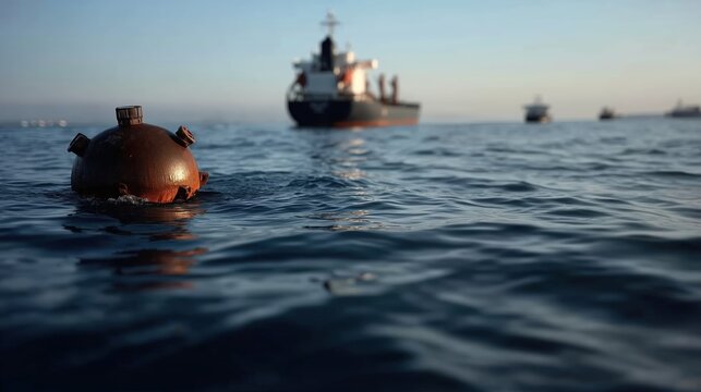 Mine navale flottant dans les eaux calmes avec un cargo en arri&egrave;re-plan
