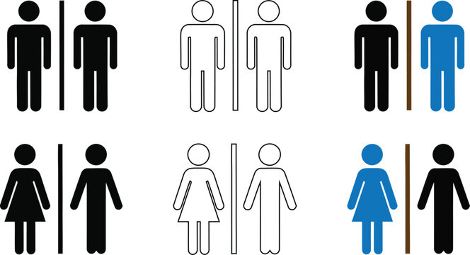 Icon variations of male and female symbols for restrooms and toilets
