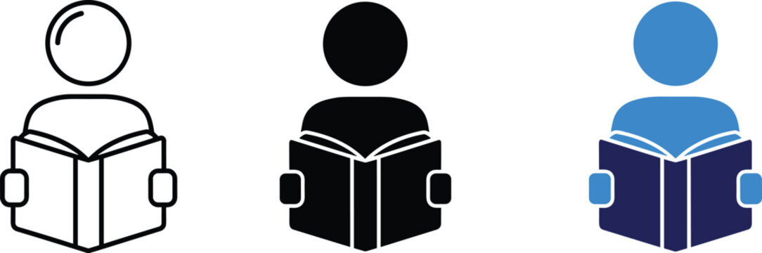 Student reading book icon set, person studying education library symbols, learning knowledge literature literacy, flat vector line and glyph illustrations.