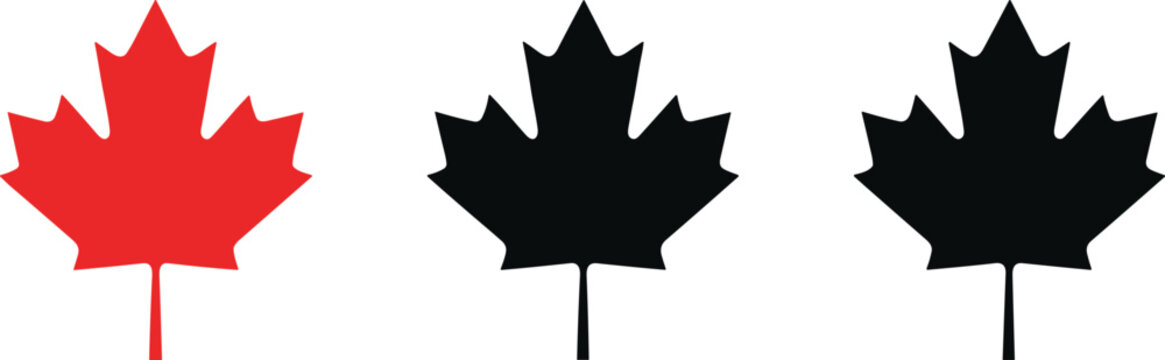 Red and black Canadian maple leaf silhouettes set, Canada national flag symbol vector icons, autumn foliage nature elements for graphic design, isolated on white background.