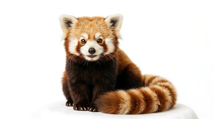 Obraz premium A red panda sitting on a white surface, looking directly at the camera with a curious expression