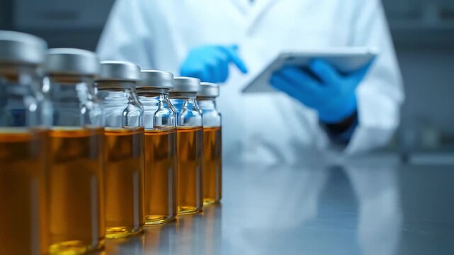 Scientist in lab coat and gloves using tablet, with rows of amber liquid vials in foreground.