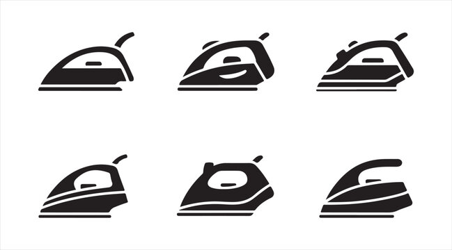 Clothes iron silhouette icon set, laundry steam ironing appliance symbols collection
