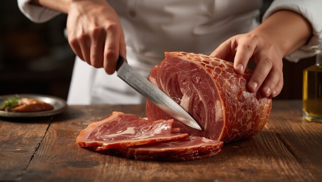 Iberian Ham. Acorn fed Iberico ham. Spanish ham 5j. Perfect slice of Iberian ham cut with a knife by a professional ready to eat