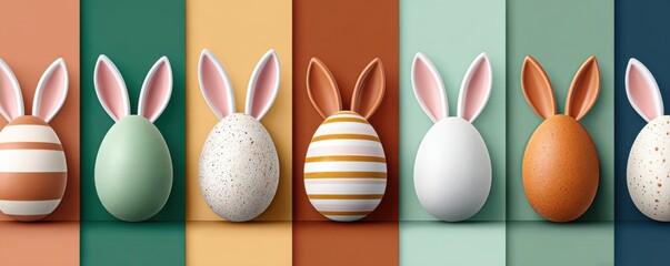 Obraz premium Pastel Easter eggs with bunny ears arranged in colorful vertical panels for spring celebration