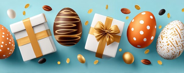 Obraz premium Easter eggs and golden gift boxes floating on a blue spring background with scattered coins and nuts
