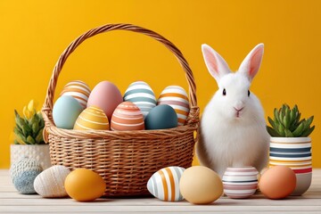 Obraz premium Easter bunny beside a wicker basket of colorful decorated eggs on a bright yellow background