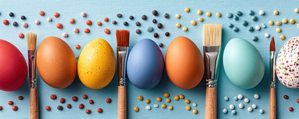 Obraz premium Colorful Easter eggs being painted with brushes and glitter for spring craft celebration