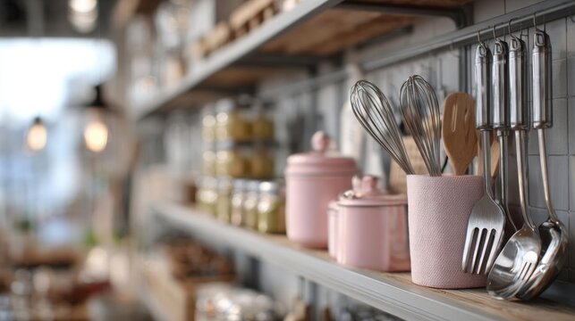Kitchen shelf with various kitchen utensils hanging on it. on the right side of the shelf, there are several kitchen tools such as a whisk, a spatula, a ladle, a spoon, and a whisker.