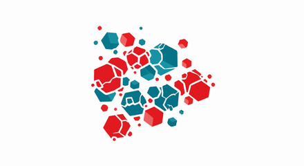 Geometric shapes, scattered, red and blue, on white