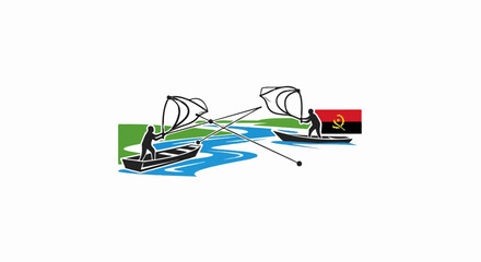 Two figures in boats with nets navigate a river, one near Angola flag