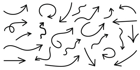 Hand drawn arrow doodle set. Sketch pointer symbols for infographics, digital planning, and whiteboard presentations. Vector line elements.