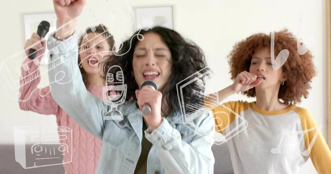 Diverse female friends singing at home after central singer picking up mic and leading karaoke