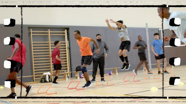 Male athletes sprinting into drill lane, doing bounding jumps over orange hurdles, training agility