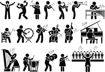 Musician silhouette collection, orchestra instrument icons, black vector artwork, conductor and band figures, musical performance design, symphony illustration graphics © MDMAHOMUDUL