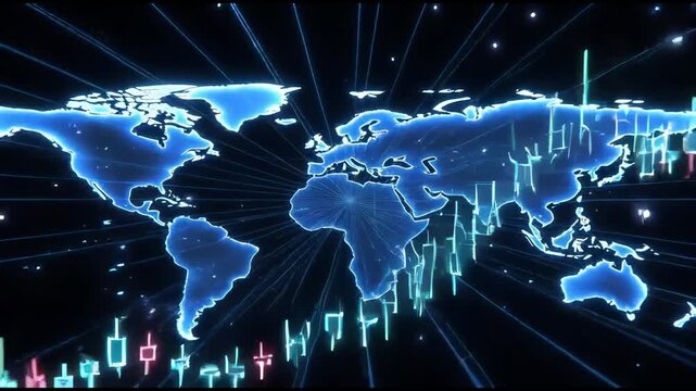 Glowing world map neon candlestick chart financial data grid futuristic cyber market concept blockchain forex trading technology investment blue glow