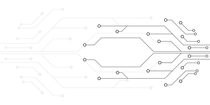 Abstract circuit board pattern vector background with connected lines and dots, representing digital technology, communication, and data flow on a clean white backdrop