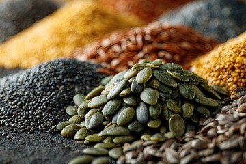 Naklejka premium Abundant piles of nutritious greenish pumpkin seeds and other wholesome grains displayed for culinary use.