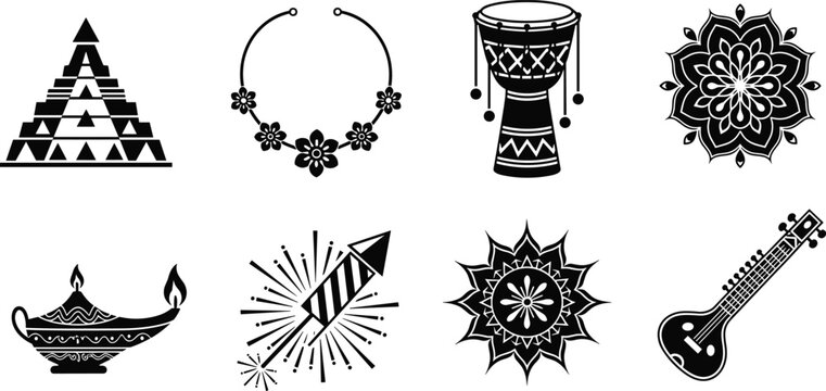 Collection of Indian cultural icons including sitar dhol drum oil lamp mandala and firework rocket in black silhouette vector style