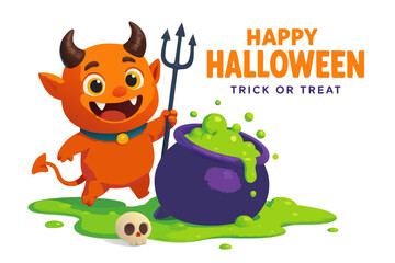 Obraz premium Adorable orange devil character with horns and a trident stands beside a bubbling cauldron, celebrating Happy Halloween. Flat design vector art.