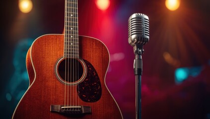 Naklejka premium Acoustic guitar and mic with illuminated backdrop; concept for country or bluegrass concert. Front perspective. Horizontal layout