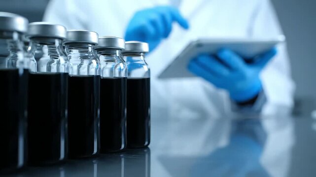 A scientist in a lab coat and blue gloves uses a tablet while vials of dark liquid are in the foreground.