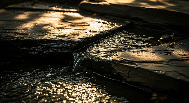 Golden sunlight on wet rocky stream steps