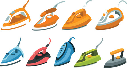 clothes iron vector set featuring various steam irons and handheld garment steamers for laundry and housekeeping services, © Md