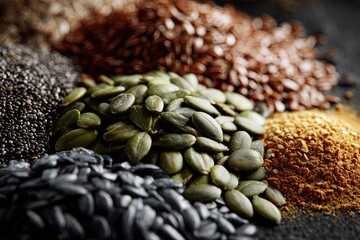 Naklejka premium Close Up View of Piles of Green Pumpkin Seeds with Other Grains and Seeds
