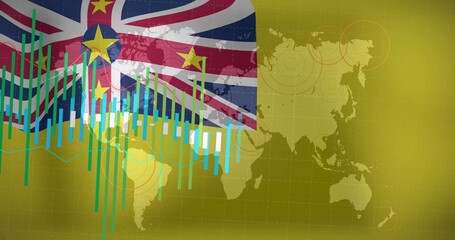 Displaying Niue national flag featuring vertical bar charts and world map in broadcast graphic