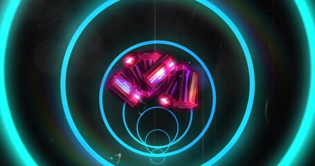Fototapeta premium Glowing faceted magenta crystals rotating into abstract tunnel, with neon cyan rings, grain