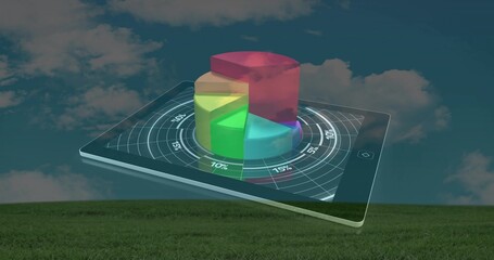 Floating slim tablet showing percent target grid above grassy field, featuring clear 3D pie chart © vectorfusionart