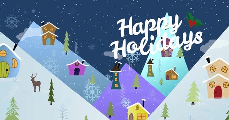 Showing large Happy Holidays text curving over snowy pastel hills at night, cottages, holly sprig