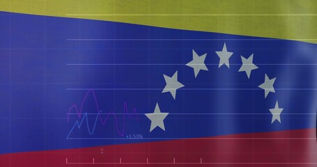 Showing Venezuelan flag on screen, rippling blue band with seven stars, magenta cyan charts +1