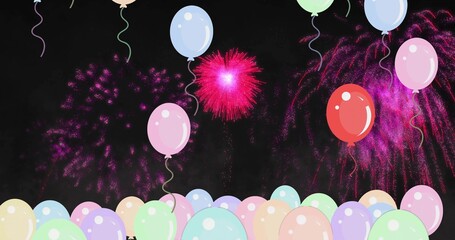 Displaying pastel glossy balloon cluster with curling strings at night, pink fireworks bursting