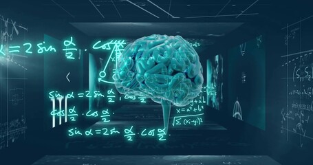 Fototapeta premium Hovering cyan glowing human brain hologram projecting neon equations in dark corridor, with panels