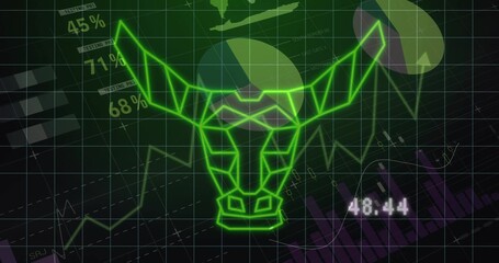 Glowing neon green polygonal bull head wireframe dominating trading dashboard with charts and 48:44