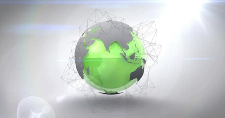 Floating stylized 3D globe glowing above circular base in studio, with wireframe and green accents